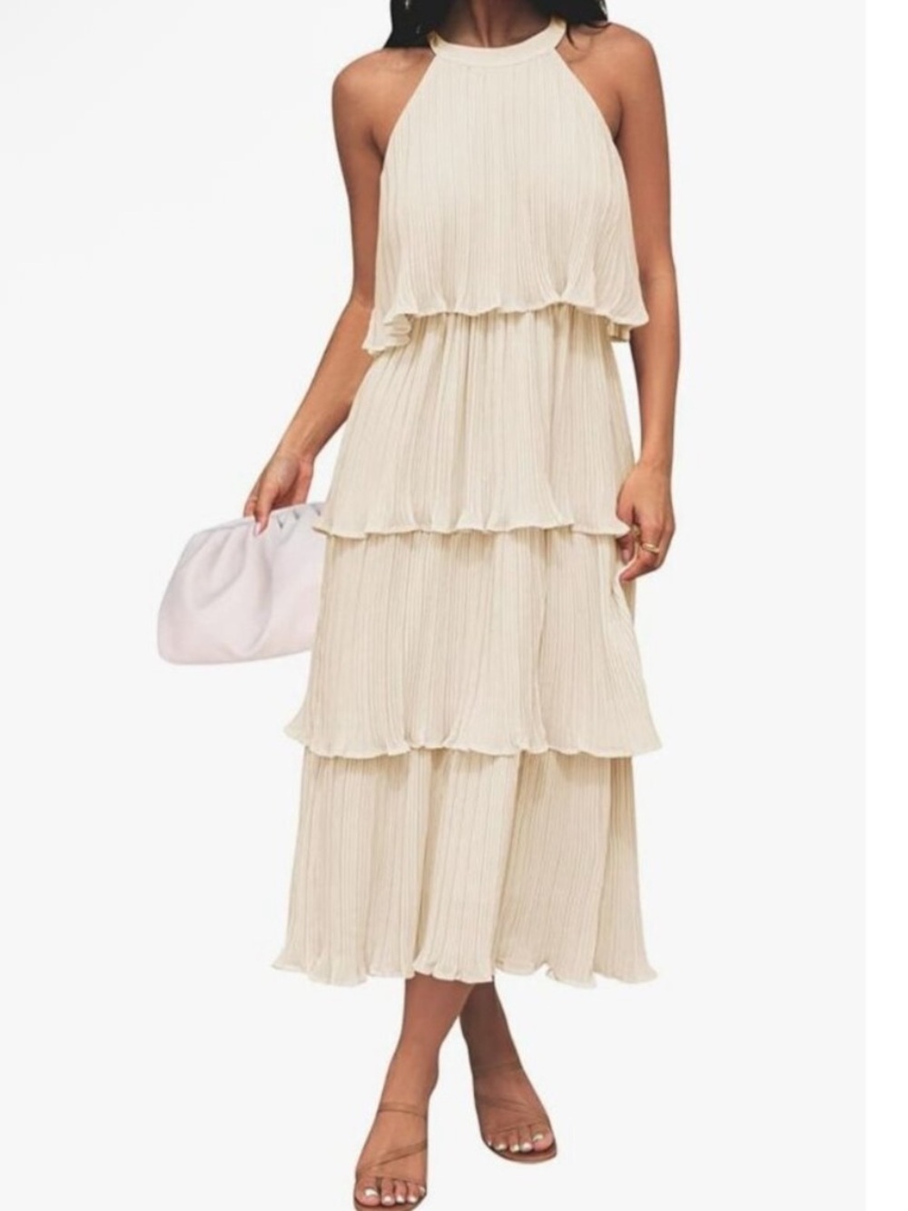Cream Tiered Pleated Halter Midi Dress